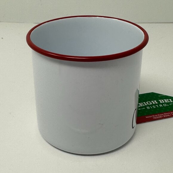 Sleigh Bell Bistro I Love Cocoa Metal Mug Red Rim White Enamel Cup 20 oz Holiday - Picture 4 of 14